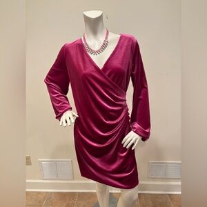 2 Hearts Magenta Pink Velvet Long Sleeve Dress with Side Ruching, Size L